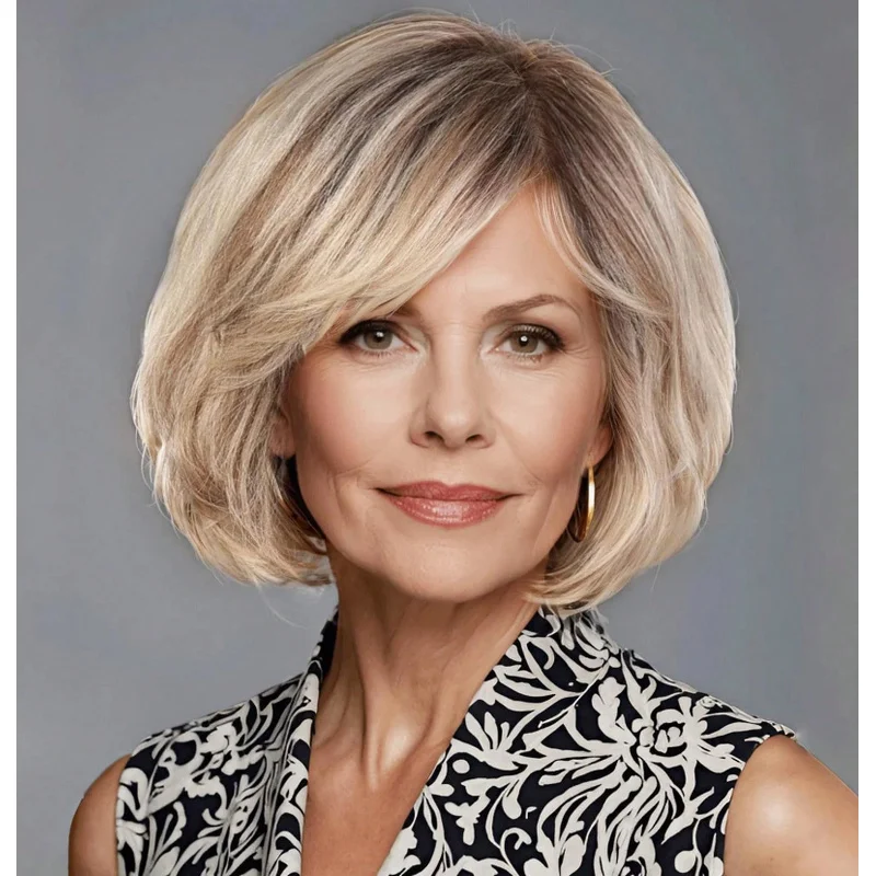 

Светлый парик, короткие прямые волосы, боб с челкой, натуральные слои