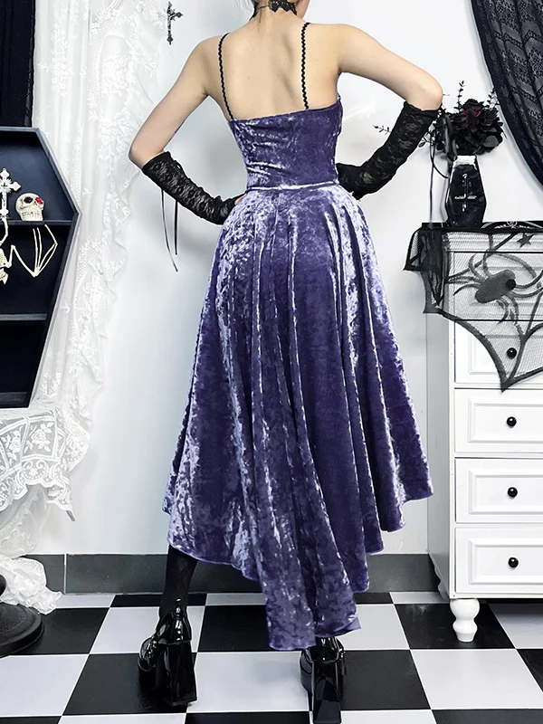 Gothic k Purple Spicy Girl Dr with awl Strap Long Sve V-Ne Midi Skirt for Young Women Casual Autumn Faion