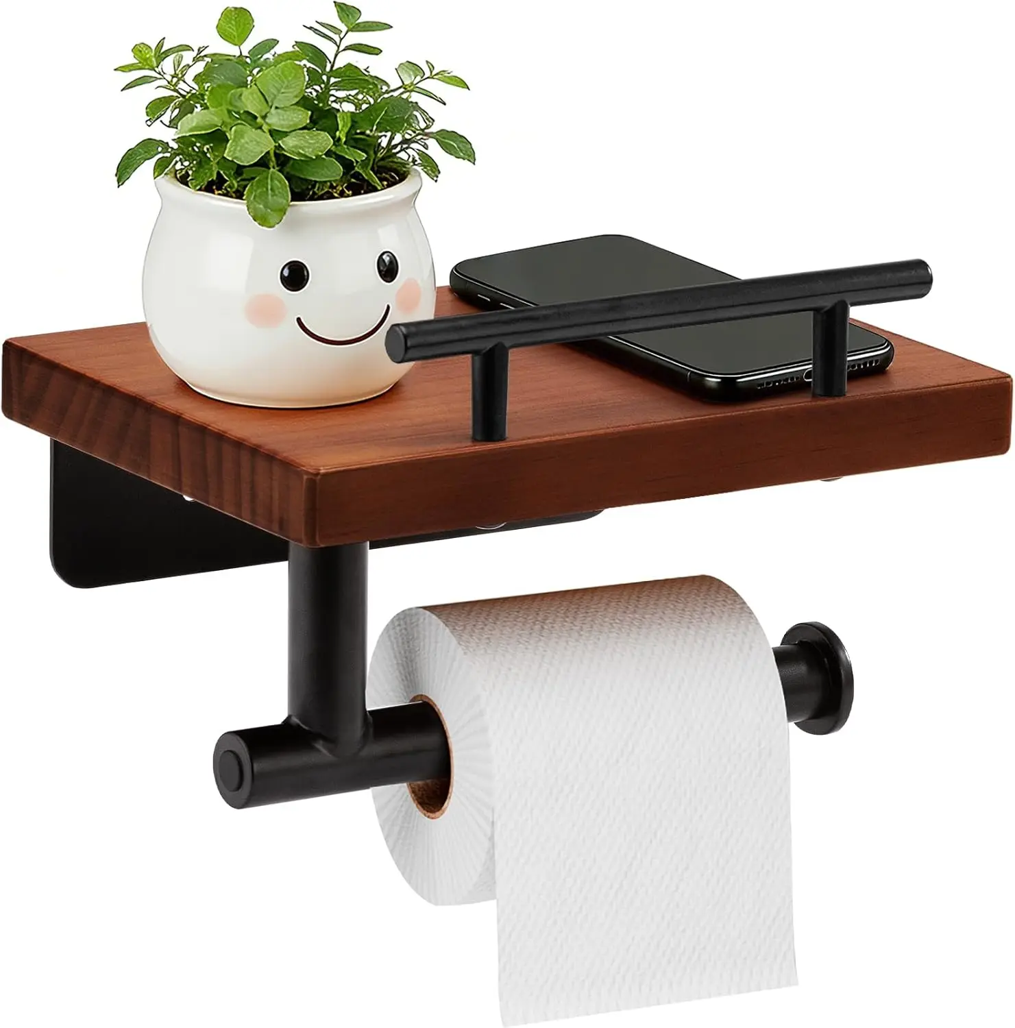 

Wall Mount Toilet Paper Holder with Wooden Shelf, Matte Black Stainless Steel Pipe for Bathroom Washroom (Dark Brown)