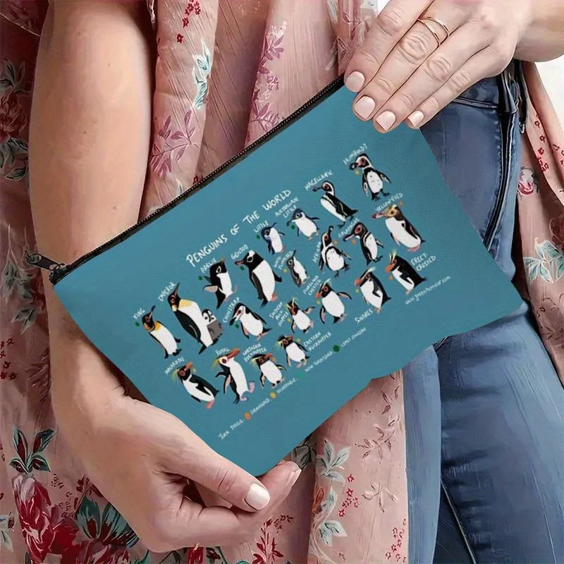 Un sac de maquillage à motifs pingouin – jolie pochette multifonctionnelle à fermeture éclair pour femmes, sac de rangement de bijoux