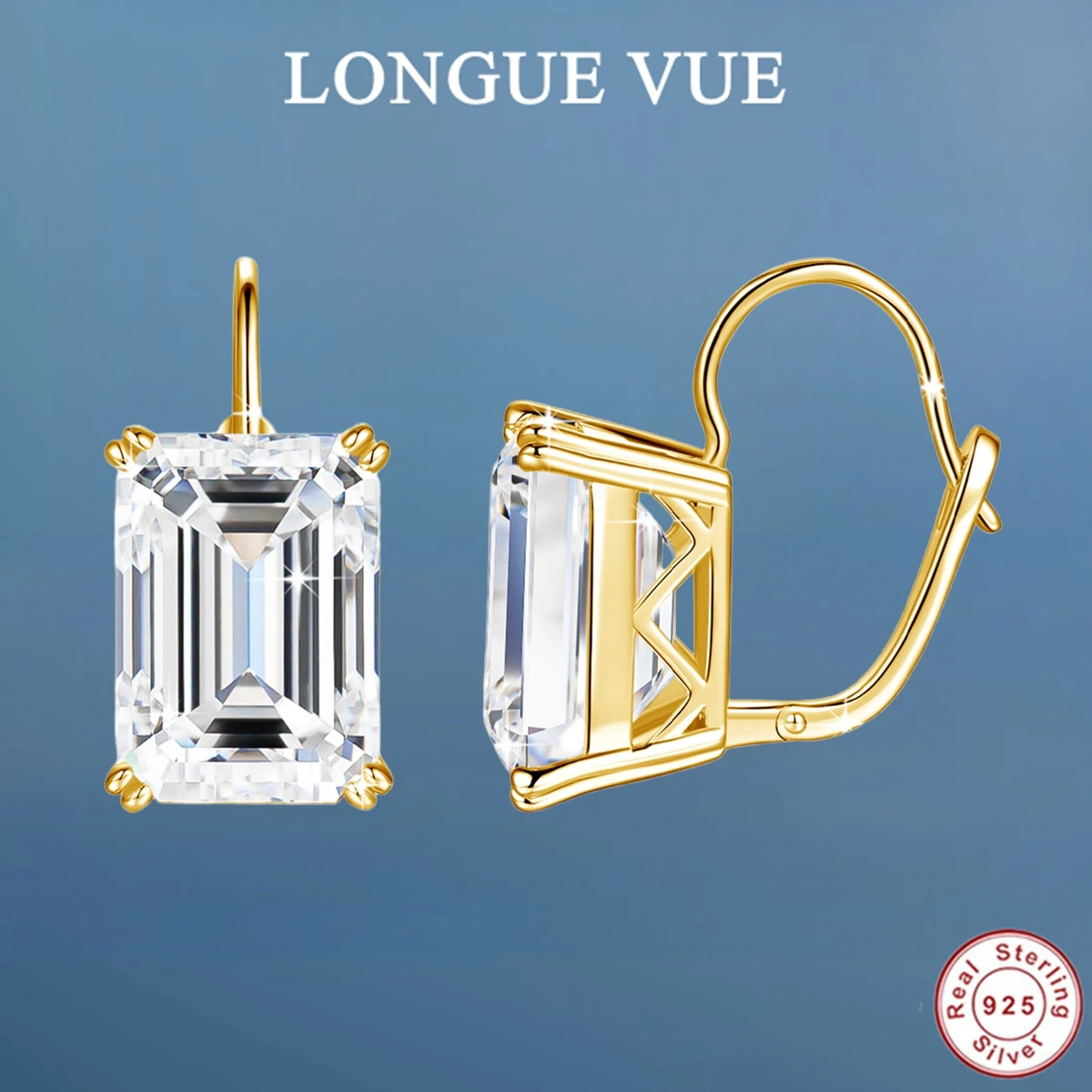 

925 Sterling Silver Emerald Cut Moissanite Hoop Earrings 10*14mm 10ct 18K Gold Plated Women Ear Clip Jewelry