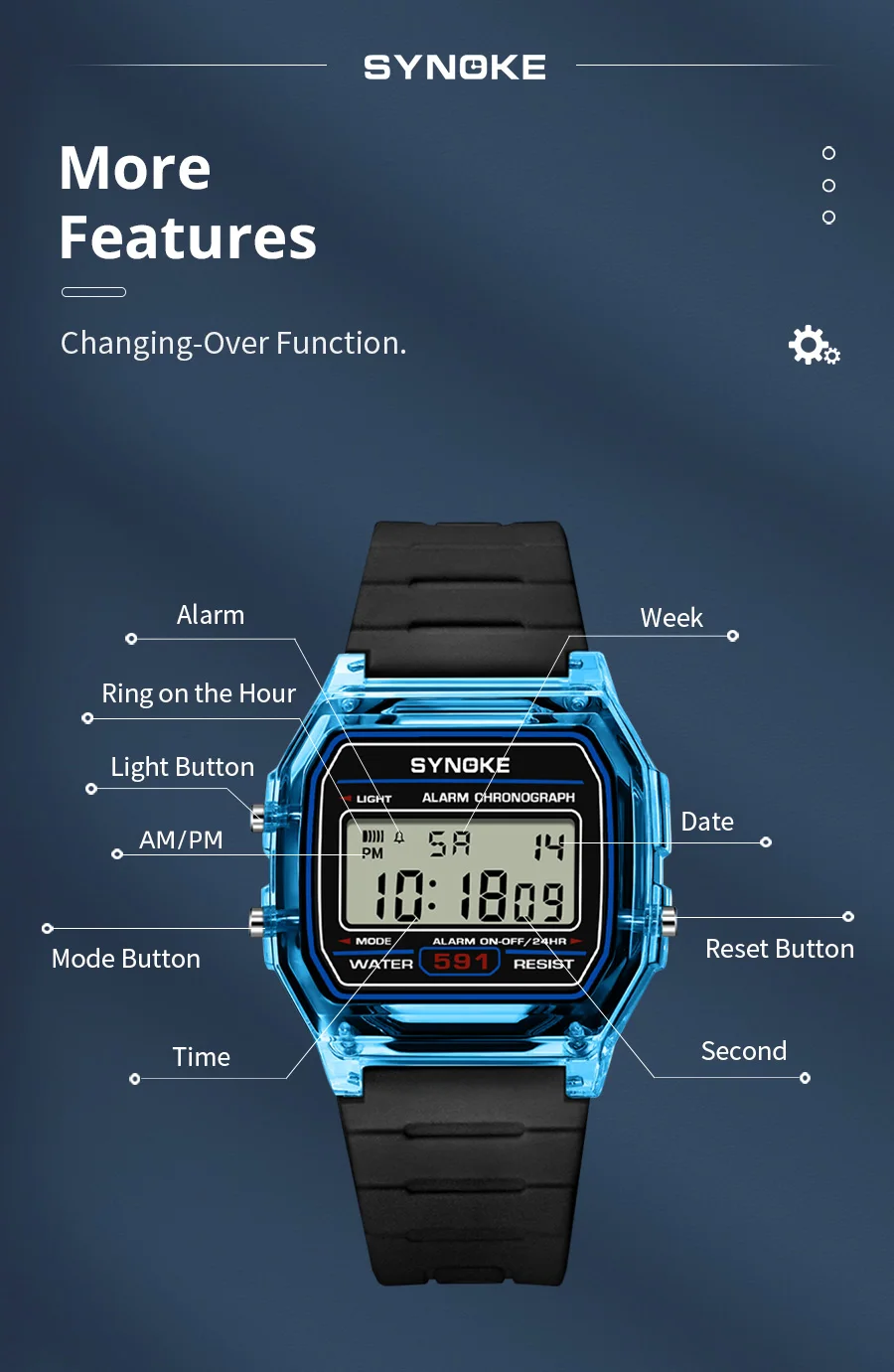 SYNOKE Student Digitaluhr Unisex Sportuhr Multifunktions Sport Wasserdicht Leuchtende LED Klassische Uhr für Männer und Frauen – Detail 12