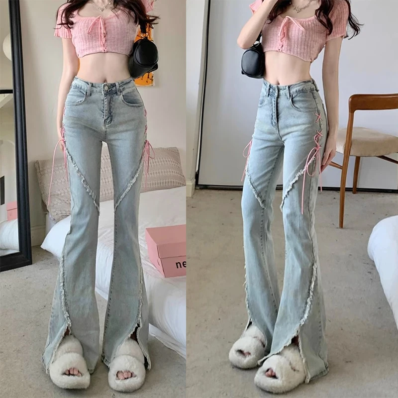 

Woman High Waist Lace Up Slit Flare Jeans Female 2000s Spliced Bell Bottom Pants Girls Y2k Designer Light Blue Denim Trousers