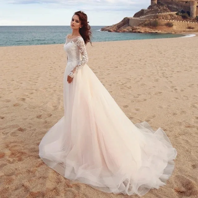 Beach Wedding Dress for Women Boho Long Sleeves A-Line Scoop Neck Bride Gowns Sweep Train Tulle Lace Vestidos De Novia Custom