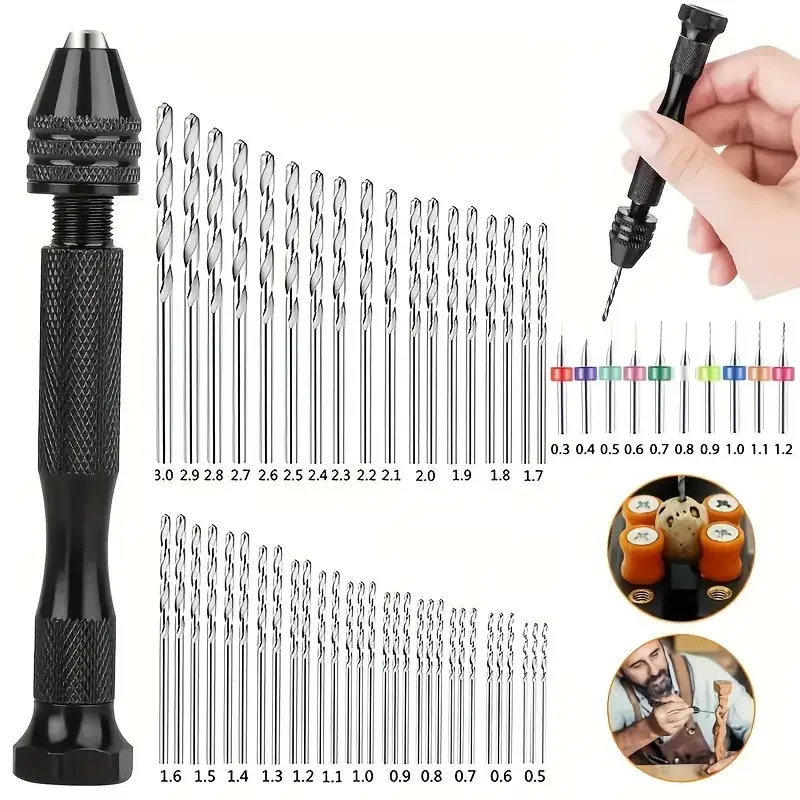 59ps Alloy Steel Pin Vise Hand Drill Bit Set Micro Twist Bits Rotary Tool for DIY Craft Carving Woodworking Plastic Jewelry Make