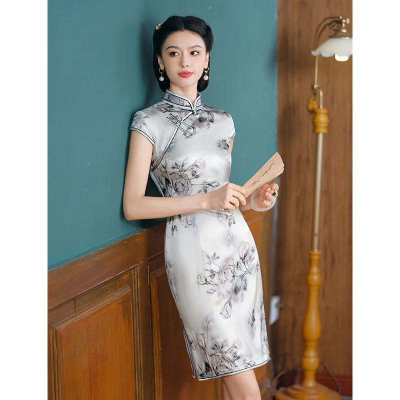 High Quality High-Grade Real Silk Improved Cheongsam Qipao Women's Summer National Trendy Style Short Sleeve