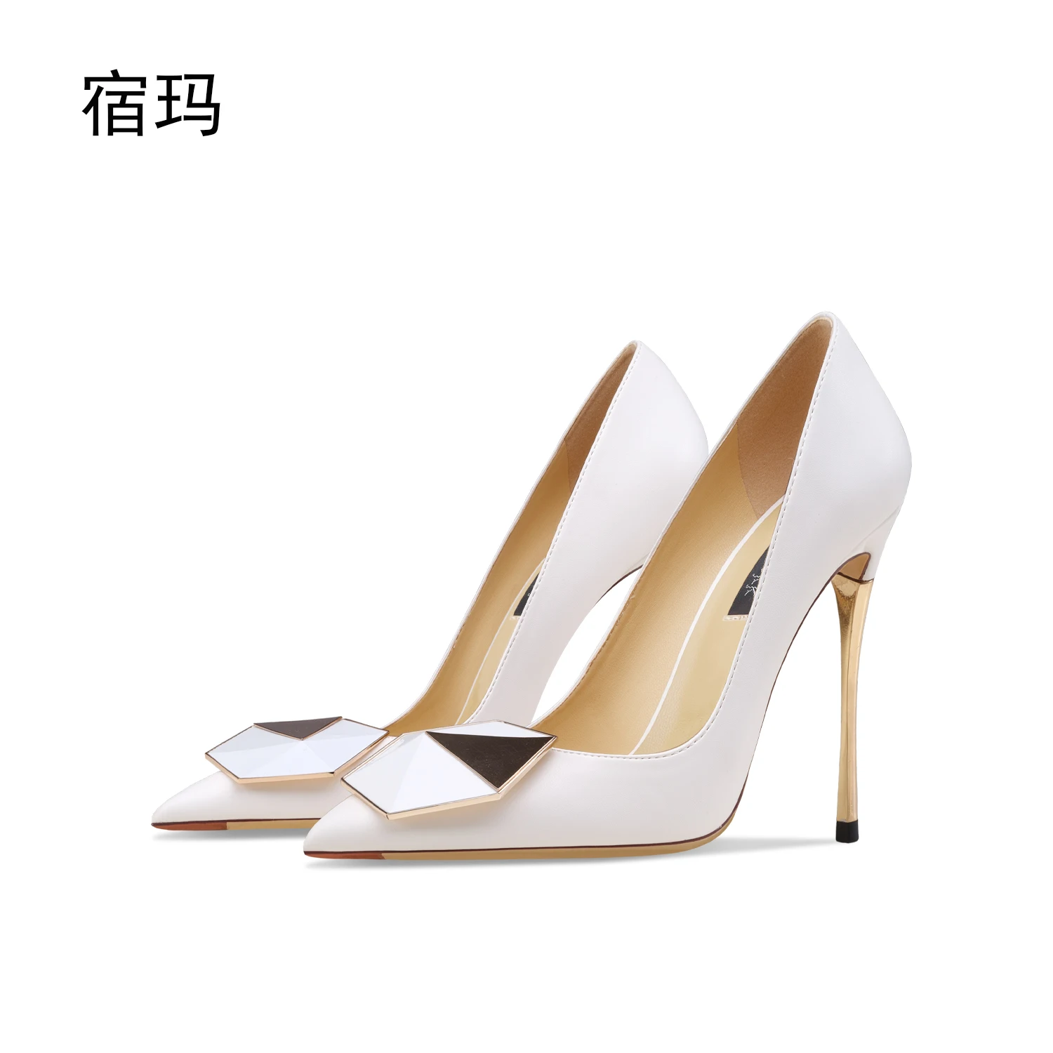 Real Leather Women Pointed Toe Stiletto High Heels Metal Button Party Pumps Lady Formal Dress Shoes Thin Heel Women's Shoes 6cm