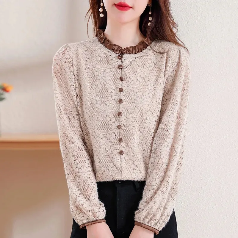 

Элегантная блузка с цветочным кружевом, воротником-стойкой с рюшами, длинными рукавами и застежкой на пуговицы, повседневный офисный топ