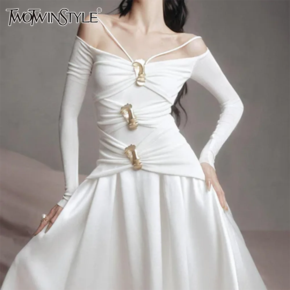 

TWOTWINSTYLE Solid Slimming Dress for Women Slash Neck Long Sleeves High Waist Patchwork Folds A Line Dresses Female