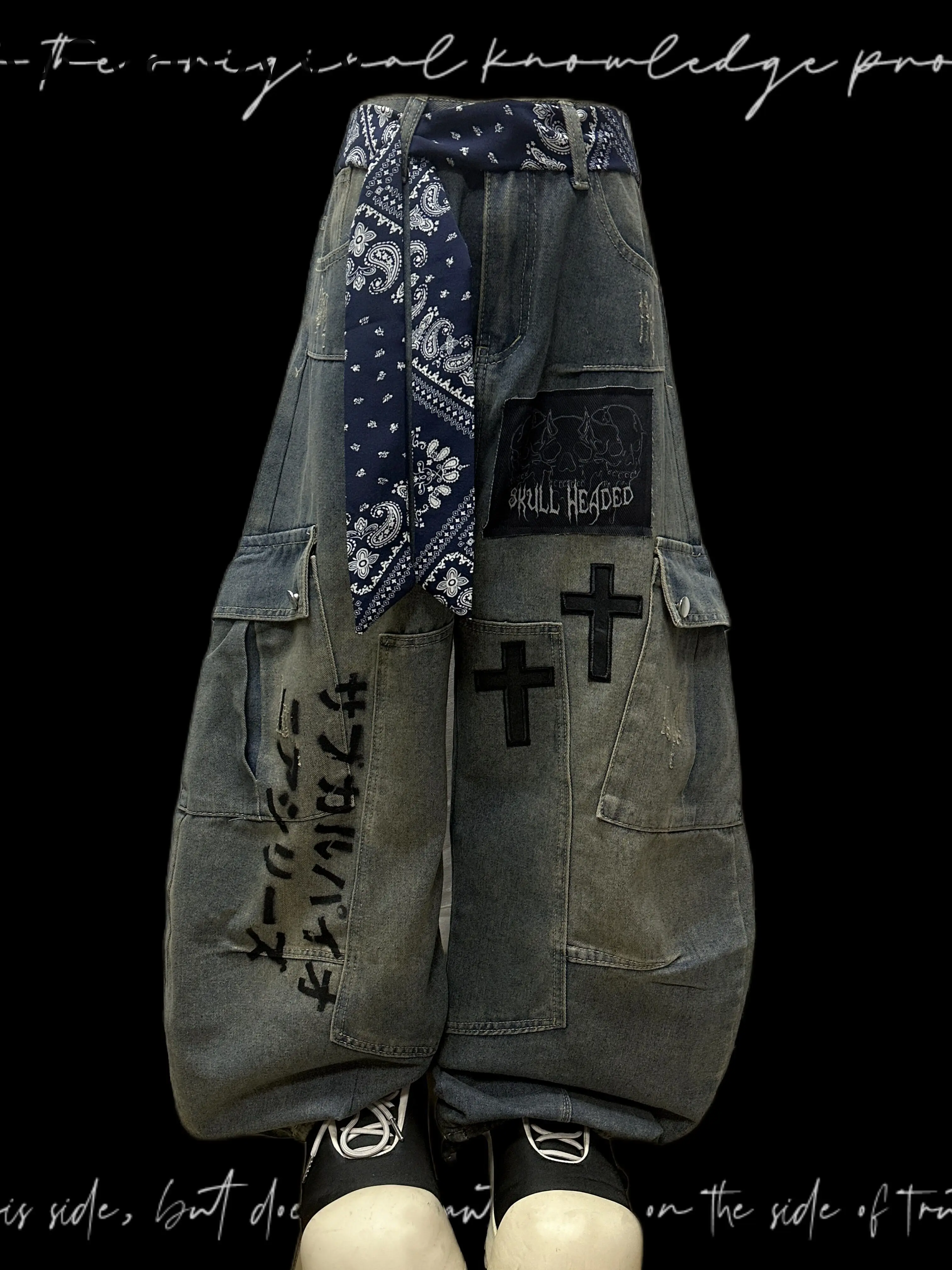 

Japanese Style Loose Denim Jeans Men's and Women's Trousers Spring Summer Wasteland Wrinkled Patch Wide Leg Jean Pants