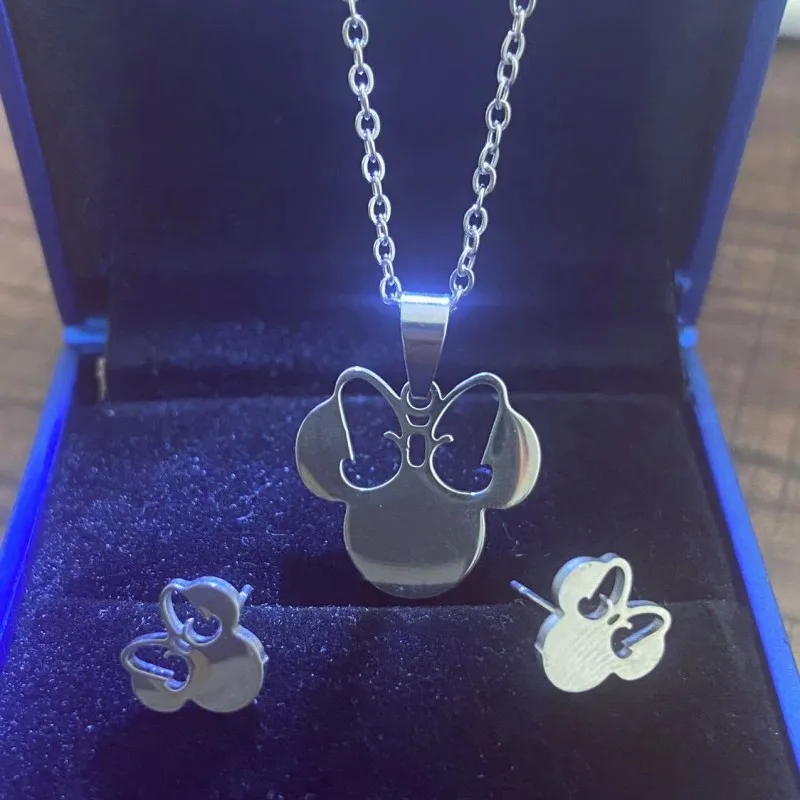 Anime Cute Cartoon Bow Mouse Stainless Steel Jewelry Set For Women Wedding Accessories Bride Earrings And Necklace Jewelry Set