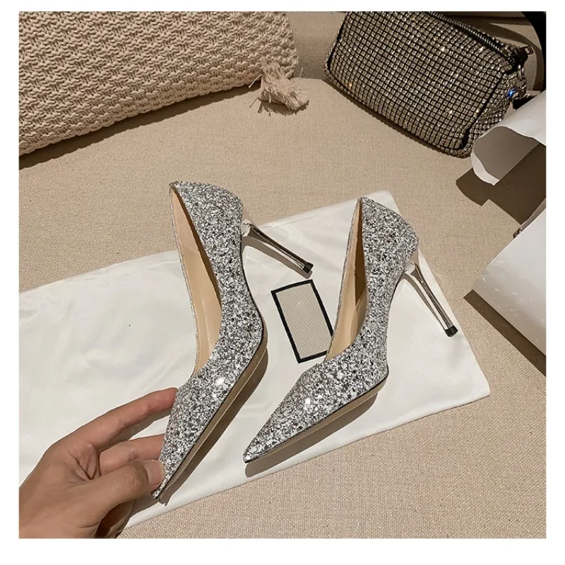 New Women High Heels Elegant Blue Pumps Sexy Sequins Bling Mid Heels Lady Scarpins Luxury Stiletto Sparkly Party Shoes