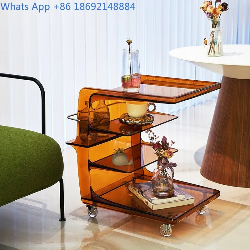 

Vintage Sofa Side Table Acrylic Trolley Movable Storage Side Cabinet Cream Ins Style Small Coffee Table