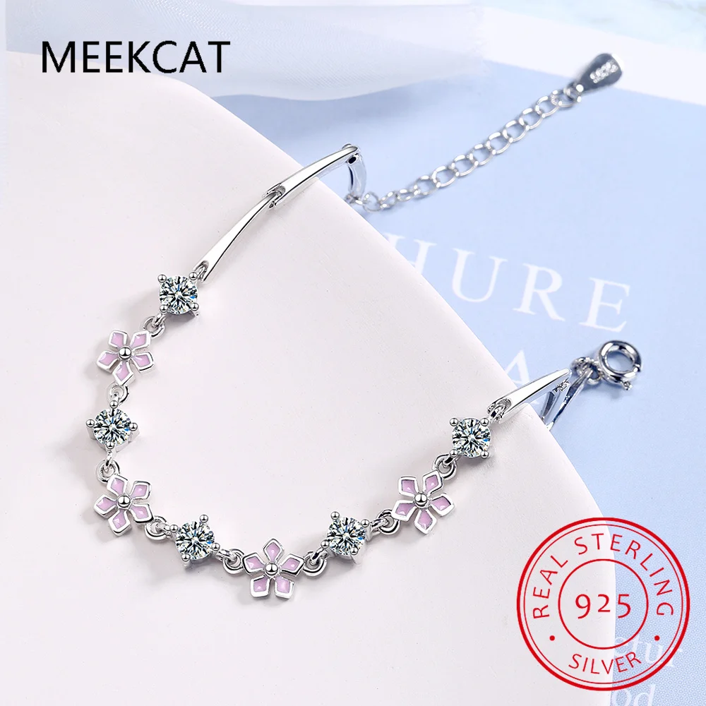 925 Sterling Silver Moissanite Gemstone Bracelet for Women Lab Diamond Pink Enamel Sakura Bracelet for Engagement Party Gift