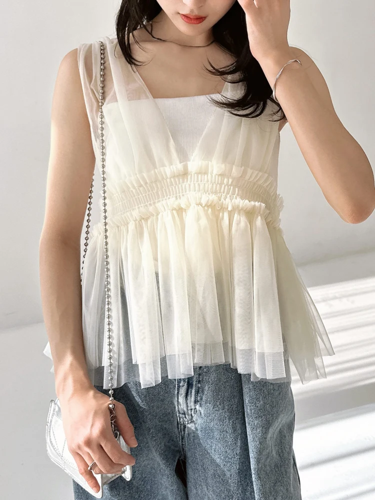 

Модный женский летний универсальный топ-майка с V-образным вырезом, кружевной отделкой, в корейском стиле, свободного кроя, с подолом с оборками