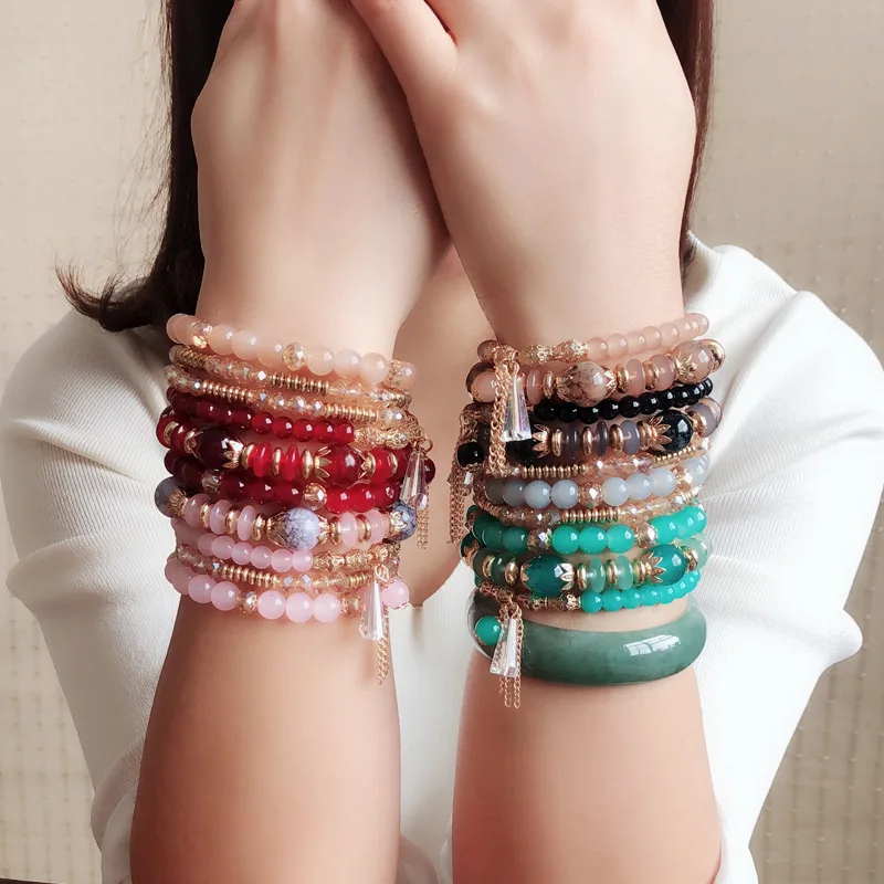 Bohemian Multicolor Crystal Beads Bracelets for Women Girls Boho Ethnic Tassel  Elastic Rope Handmde Wrap Bracelet Pulseira Femi