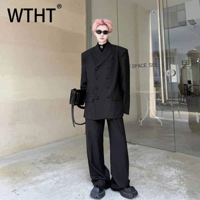

WTHT Trendy Men's Pockets Double-breasted Turn Down Collar Blazer Coats Solid Color High-waisted Straight Pants Set Male 2A0247