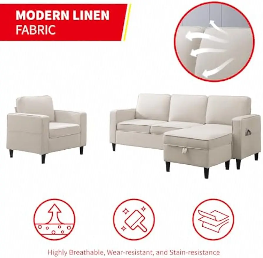 Conjunto de sala de estar de 2 peças, sofá em forma de l de 78 polegadas e conjunto de armário, sofá em forma de l de tecido, armazenamento otomano, 3 lugares modural conversível