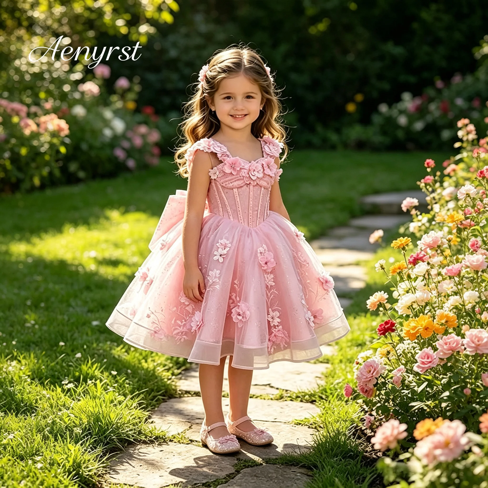Girls Pink 3D Floral Corset Flower Girl Dress Big Bow Tulle Princess Gown Kids Birthday Wedding Party Dress