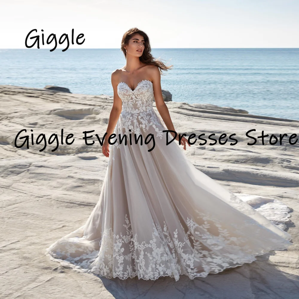 Giggle Flower Applique Sweetheart Neckline Sleeveless Wedding Dress Floor-Length Button Tulle Back vestidos para mujer