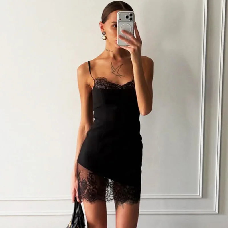 

Ticketsx Plunge Lace Sling Dress Solid Patchwork See Through Backless Slim Mini Dress Elegant New Female Party Clubwear Vestidos