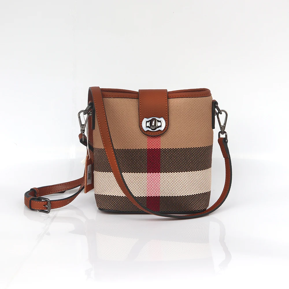 Fashion Stripe Canvas Women Shoulder Bag Luxury Plaid Leather Female Bucket Messenger Bag Retro Lady Crossbody Purse Handbag