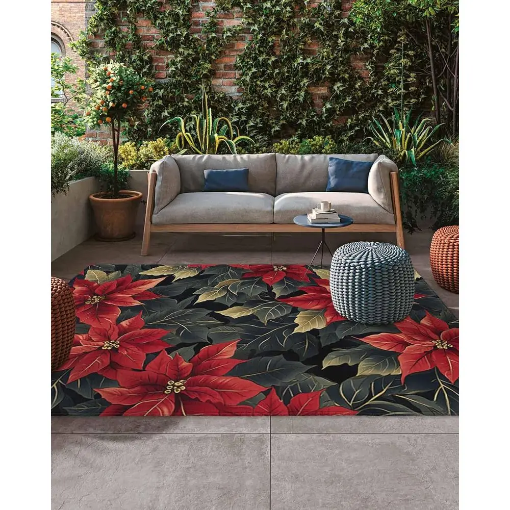 

Уличный коврик с акварельными листьями 5x8 футов — коврик для патио с цветком пуансеттии — веселый рождественский декор
