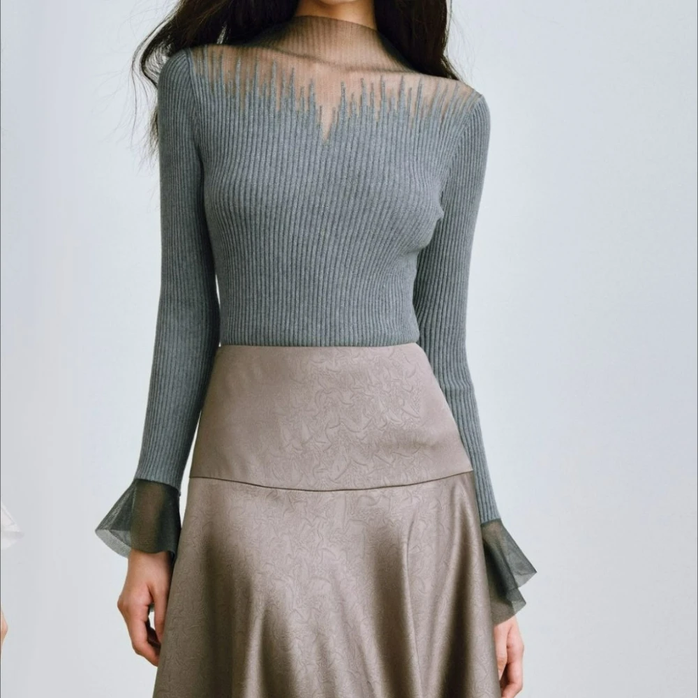 

Mesh Splicing Irregular Flare Sleeve Slim Stretch Autumn Winter New Base Knitted Pullover Sweater