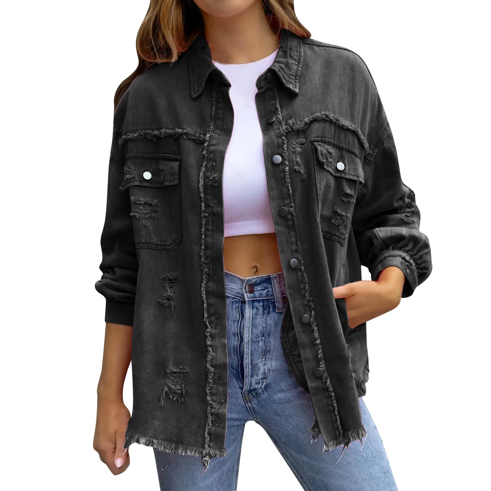 

Hip Hop Rough Edges Denim Jacket Ripped Pocket Lapel Long Sleeve Single-breasted Vintage Jeans Jacket Coat Women Spring Coat