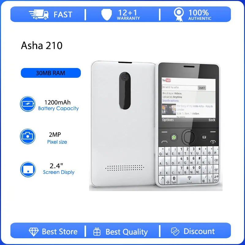 Teléfono Móvil Asha 210 2013 2G Dual SIM Desbloqueado GSM 900/1800 Reacondicionado Original con Teclado Ruso, Árabe y Hebreo, Hecho en Finlandia