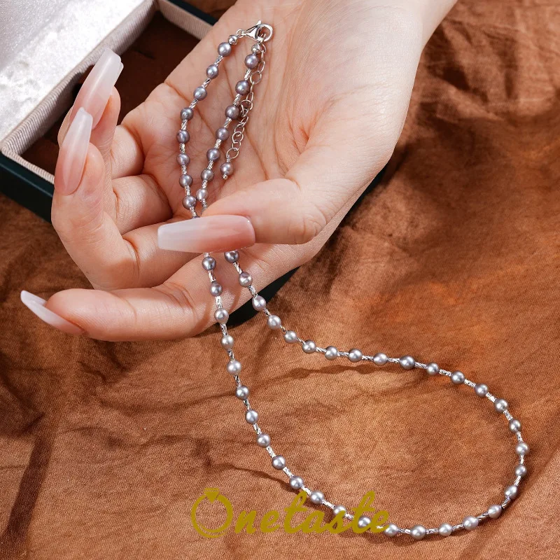 

925 Sterling Silver 3MM Pearl Beaded Strand Necklace Women Thin Small Fashion Dainty Stack Layered Rosary Necklaces Gift For Her