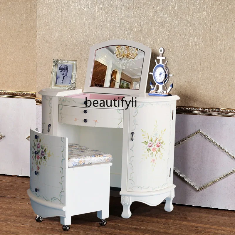 A139 American Style Flip Cover Folding Bedroom Solid Wood Dressing Table Makeup Table Vintage Distressed Pastoral Painted