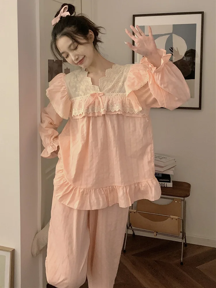 Conjunto de pijama de manga larga con bordado de encaje para mujer, ropa de dormir Simple coreana, rosa, sólido, informal, estilo bonito, para el hogar, verano y otoño