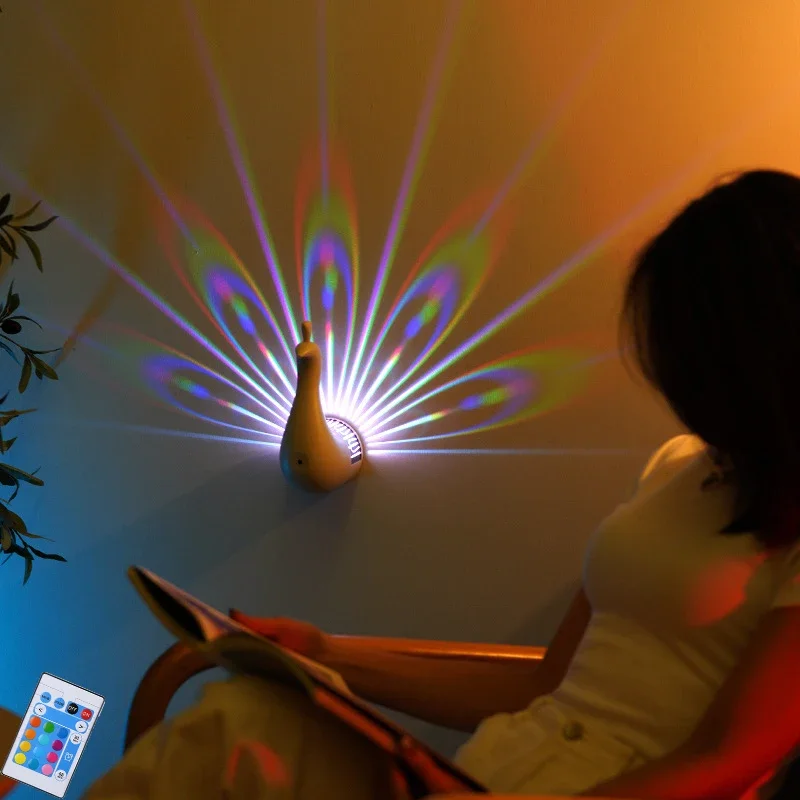 

LED Peacock Projection Lamp Dimmable Remote Timer Atmosphere Lamp For Home Bedroom Bedside Wall Decor 12 Color Sleep Night Light