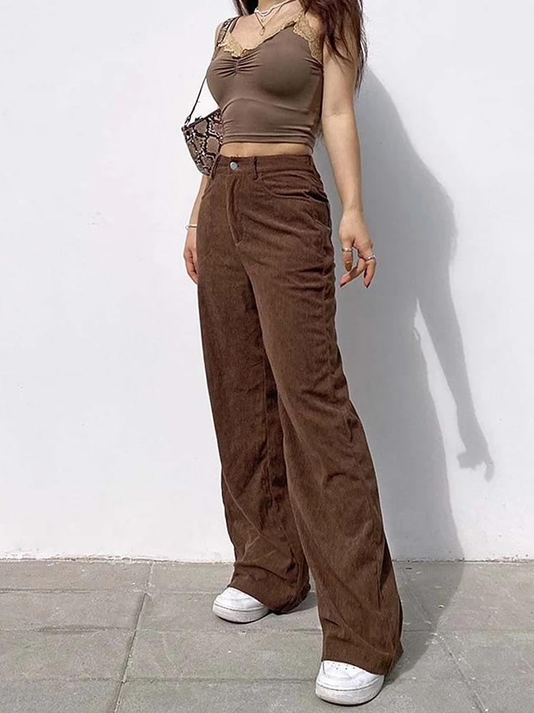 Taille haute jambe large pantalons décontractés femmes couleur jambe droite pantalon rue Sle pantalons longs fibre de Polyester