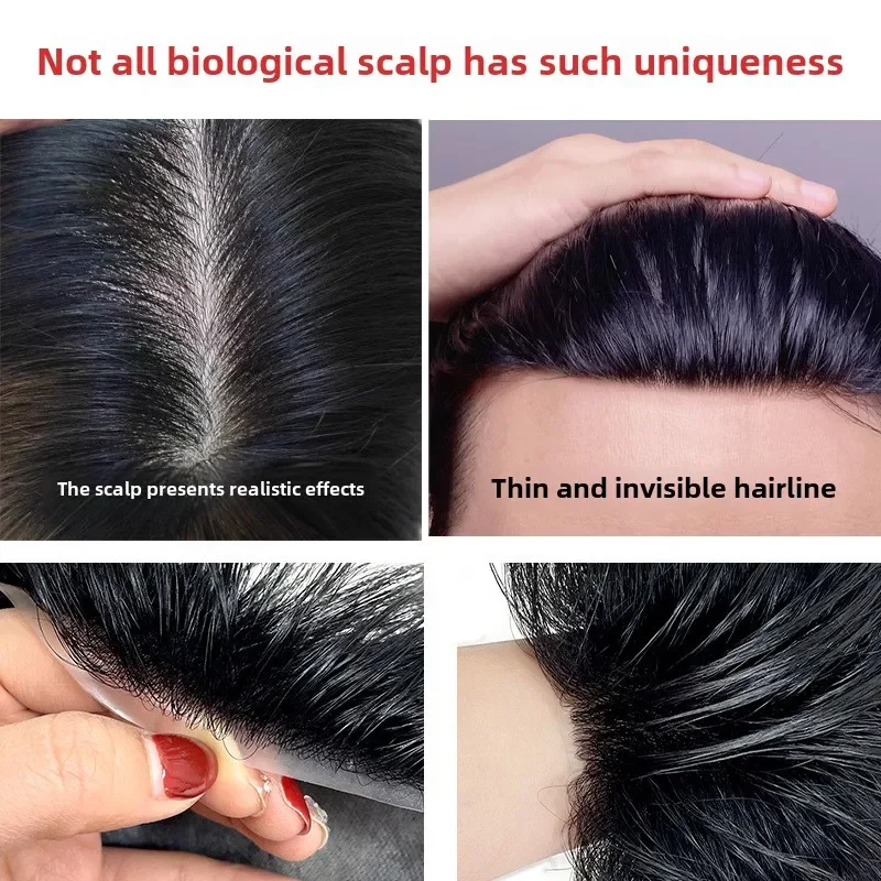 100% Human Hair Full Biological Scalp Prosthesis Toupee Ultra Thin Breathable PU Men Capillary Prothesis Soft Invisible Toppers