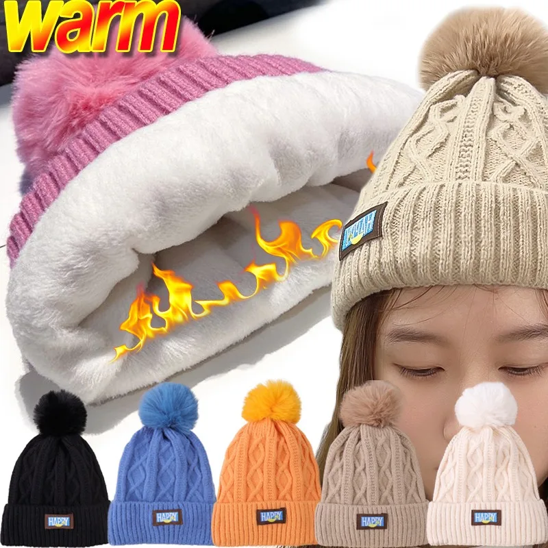 Winter Warm Beanies Knitted Woolen Hat Cute Top Wool Ball Pullover Skullies Girl Colorful Outdoor Embroidery Cap Warm Cold-proof