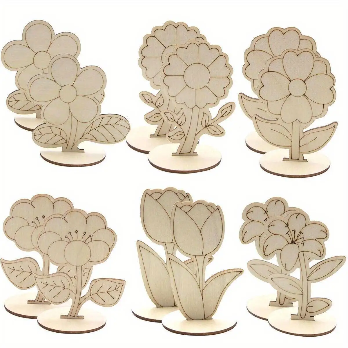 6Pcs/Set Rose/Lily/Sunflower Wooden Ornament Wood DIY Painting Crafts For Spring Happy Easter Party Table Decoration Supply