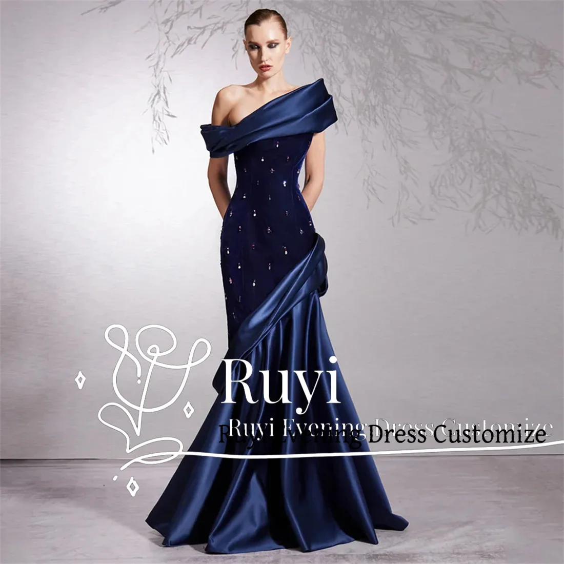 Customized Mermaid Prom Dress One-Shoulder Formal Occasion Dresses Dark Blue Beading Stones Sweep Train Mermaid Evening Dress