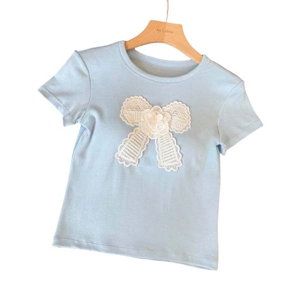 

Повседневный топ, хлопковые корейские футболки с бантом и нагрудными подушечками, укороченные топы Y2K с вышивкой, летние топы с короткими плечами в корейском стиле с бантом