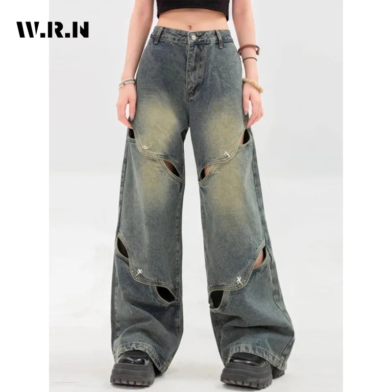 

Vintage Harajuku Y2K Loose Jeans 2024 Spring Hollow Out Blue Pants Women's Wide Leg High Waist Baggy Ripped Denim Trouser