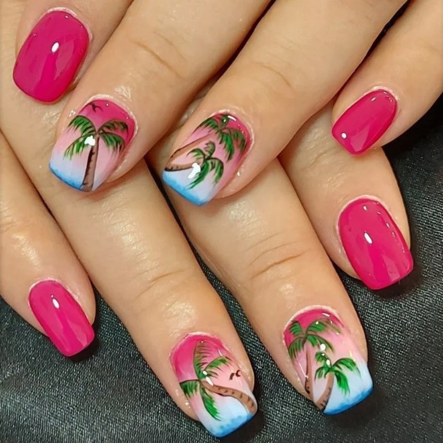 

24Pcs Pink Blue Gradient Press on False Nails Coconut Tree Seagull Design Fake Nails Short Square Wearable Full Cover Nails Tips
