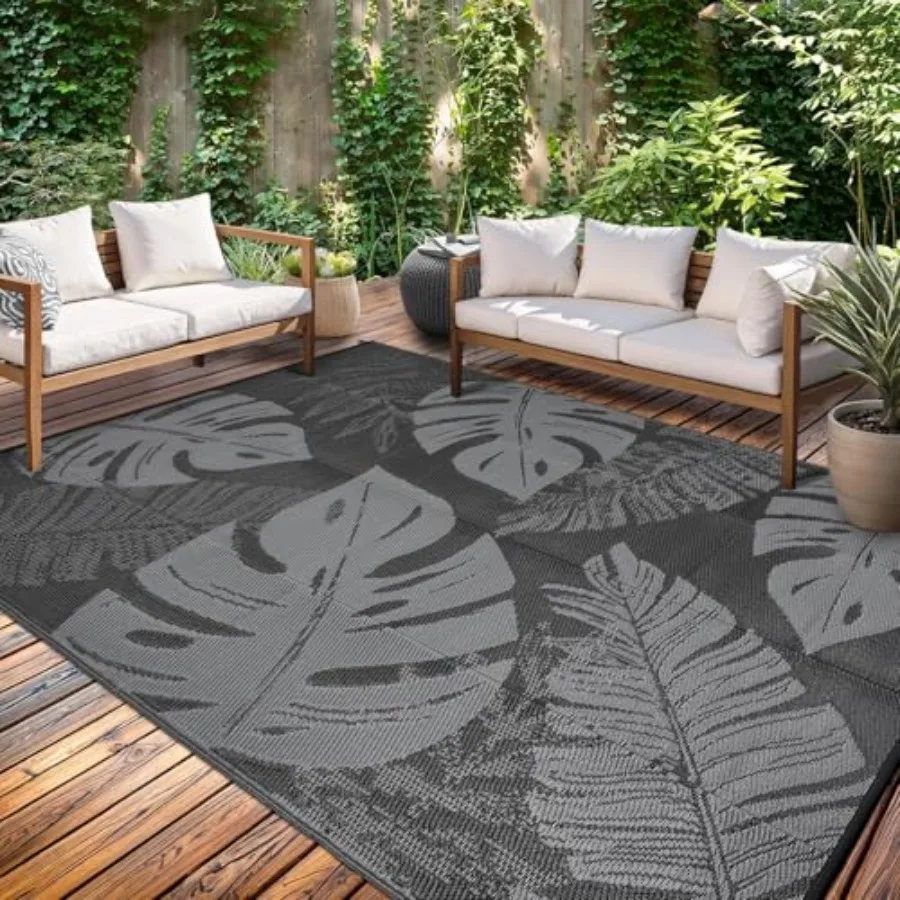 

Outdoor RV camping rug, waterproof plastic straw, black grey, foldable reversible botanical design for picnic, backyard, porch