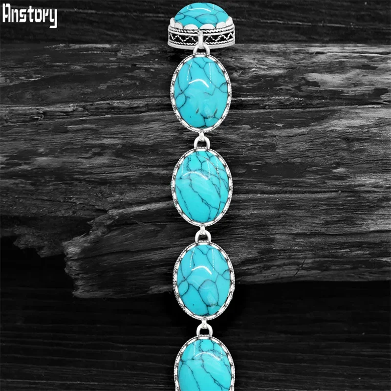 5 Colors Oval Synthetic Turquoises Bracelets For Women Flower Bead Antique Silver Plated Fashion Jewelry TB291