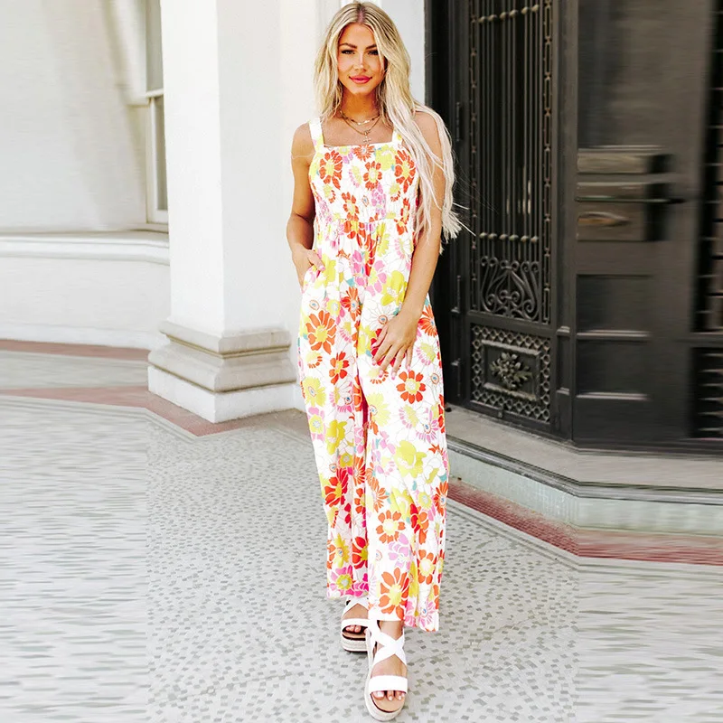 

Casual Versatile Wide Leg Jumpsuit For Women, New Summer Print Pleated HigH Waisted Straight Tube Casual Pants Women