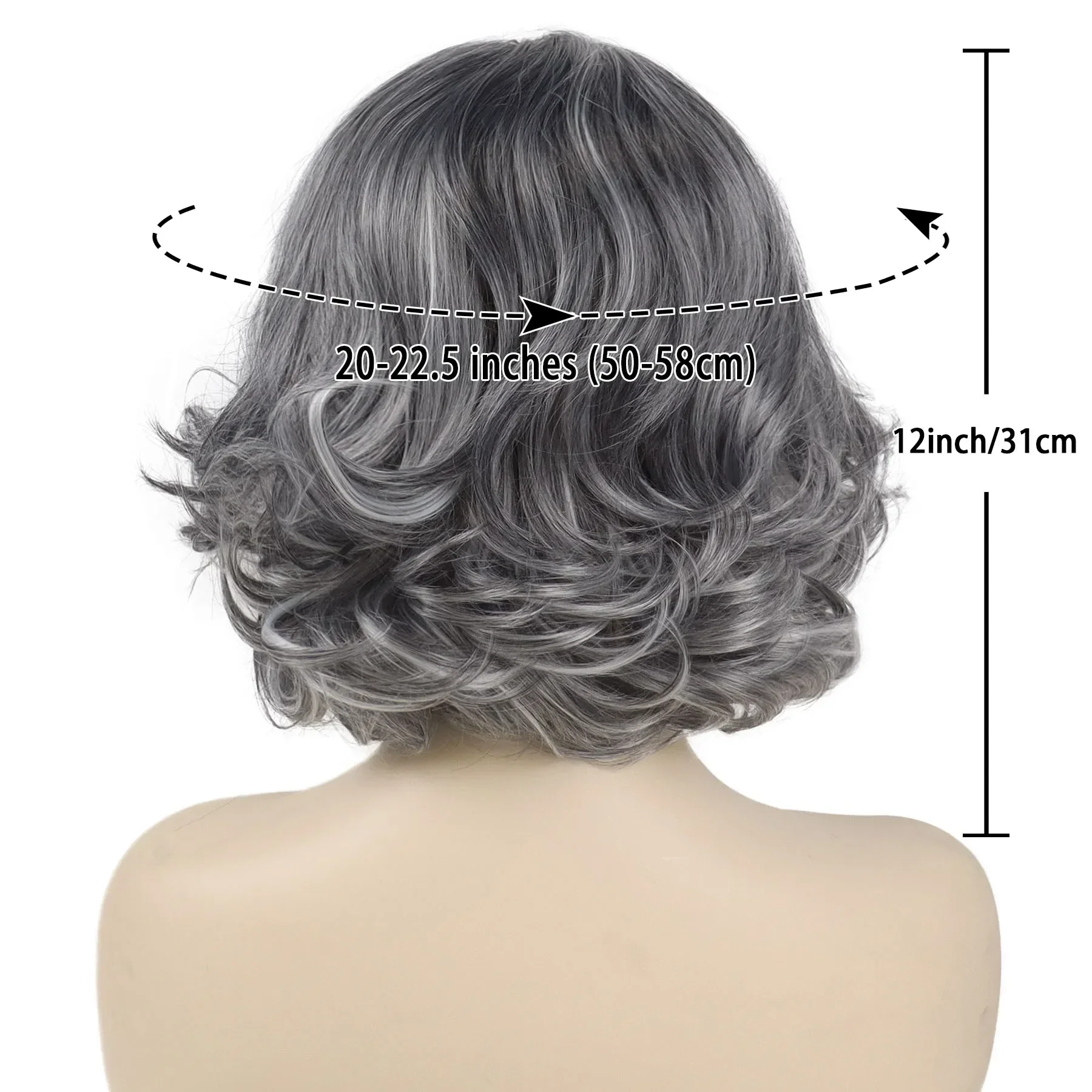 GNIMEGIL Synthetic Gray White Wigs for Women Short Curly Hair Mix Grey Color Frizzy Design on Top Realistic Older Granny Wigs