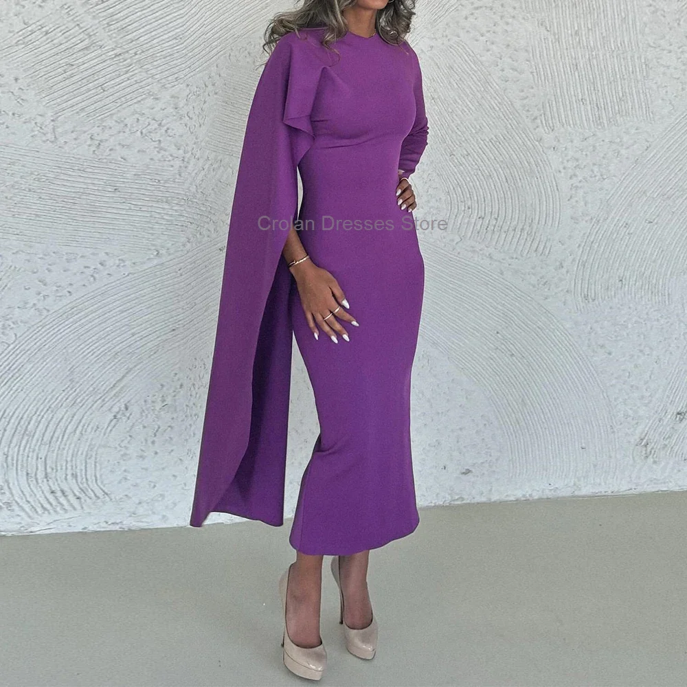 Purple Sheath Jersey Formal Evening Dress Saudi Arabia Minimalist Long Sleeves Prom Gowns O-Neck Special Occasion Dress 2024