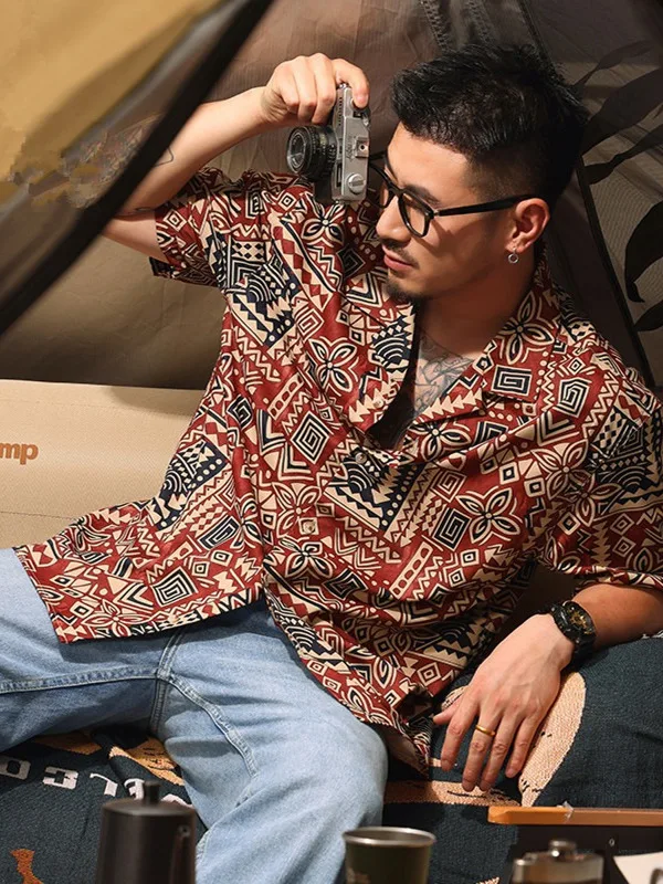 

Модный мужской воротник ort Sve с кубинским воротником irt, новый летний ретро-принт, японский Sle, дышащее молодежное волокно из полиэстера...