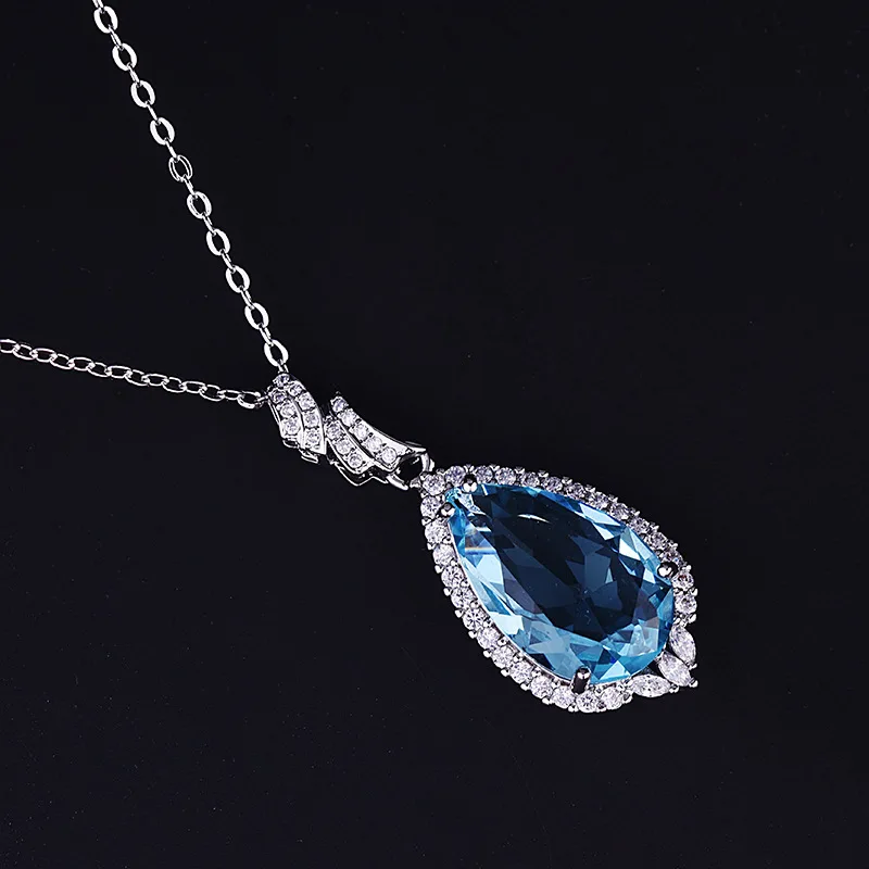 

Princess Diana European and American Luxury Water Drop Aquamarine Topaz 18K White Gold Plated Zircon Inlaid Pendant Women's Coll