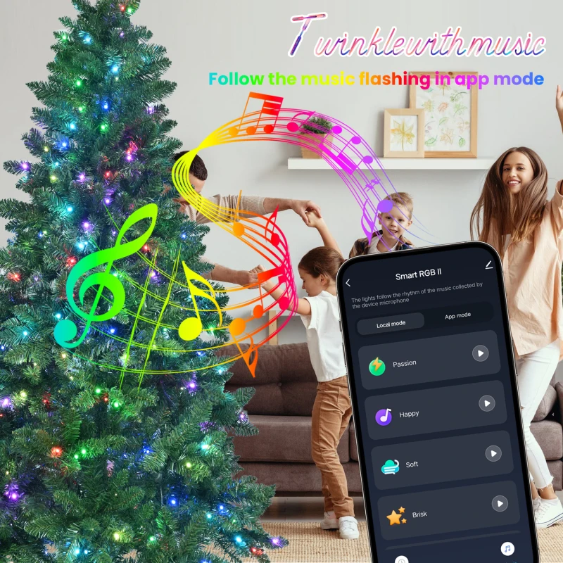 Árvore de Natal verde de 9 pés com 620 luzes LED RGB controladas por WiFi, 1721 pontas de PVC, 38 funções de luz, sincronização de música, estrutura articulada